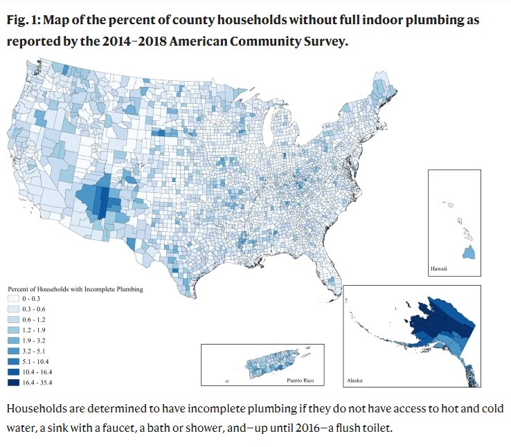Map of the percent of county households without full indoor plumbing as reported by the 2014-2018 American Community Survey